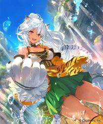 Rule 34 | 1girl, animal ears, animal hands, black choker, breasts, choker, company name, copyright notice, cowboy shot, gloves, green skirt, ladica (shadowverse), long hair, looking at viewer, medium breasts, official art, open mouth, paw gloves, ponzu (catponz), red eyes, shadowverse, skirt, solo, tail, water drop, white hair