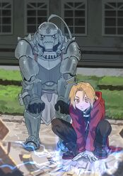 Rule 34 | 2boys, alchemy, alphonse elric, armor, blonde hair, brothers, coat, commentary request, cowlick, dated commentary, edward elric, full armor, fullmetal alchemist, gloves, grass, highres, looking down, male focus, mayuakakun, multiple boys, outdoors, pants, red coat, short hair, siblings, sketch, squatting, standing, white gloves