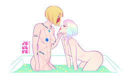 Rule 34 | 2girls, android, artist name, bath, bent over, blonde hair, breasts, completely nude, cyberpunk, cyberpunk (series), cyberpunk edgerunners, holding another&#039;s head, jen bartel, kiwi (cyberpunk), lucy (cyberpunk), mask, multicolored hair, multiple girls, nude, rainbow hair, small breasts, yuri