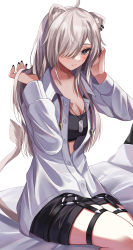 Rule 34 | 1girl, absurdres, ahoge, animal ears, black bra, black nails, black shorts, blush, bra, breasts, cleavage, closed mouth, collared shirt, commentary request, dog tags, dress shirt, ear piercing, eyelashes, feet out of frame, grey eyes, hair between eyes, hair over one eye, hands in hair, highres, hololive, lion ears, lion girl, lion tail, long hair, long sleeves, looking at viewer, medium breasts, moonbell, nail polish, o-ring, o-ring legwear, o-ring thigh strap, official alternate costume, on bed, partially unbuttoned, piercing, pillow, shirt, shishiro botan, shishiro botan (button-down), short shorts, shorts, silver hair, simple background, sitting, skindentation, solo, sports bra, tail, thigh strap, underwear, virtual youtuber, white background, white shirt, wing collar