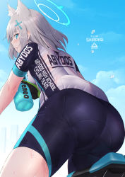 Rule 34 | 1girl, animal ear fluff, animal ears, aqua eyes, ass, bike shorts, blue archive, blush, breasts, cameltoe, from behind, from below, hair ornament, hairclip, halo, highres, looking at viewer, looking back, medium hair, open mouth, pantylines, shiny clothes, shiny skin, shiroko (blue archive), shiroko (cycling) (blue archive), sideboob, silver hair, solo, sweat