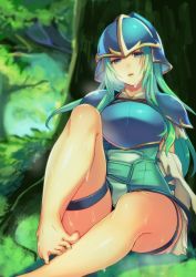 Rule 34 | 1girl, armor, belt, blue armor, blue eyes, breastplate, detached sleeves, fire emblem, fire emblem: path of radiance, forest, gloves, green eyes, green hair, helmet, kokouno oyazi, long hair, looking at viewer, nature, nephenee, nintendo, polearm, skindentation, skirt, solo, spread toes, thigh strap, thighhighs, thighs, toes, weapon