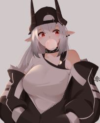 Rule 34 | 1girl, absurdres, arknights, backwards hat, bare shoulders, black choker, black hat, black jacket, blowing bubbles, breasts, choker, commentary, grey background, hands in pockets, hat, highres, hitoridoodles, horns, infection monitor (arknights), jacket, large breasts, long hair, long sleeves, looking at viewer, mudrock (arknights), off-shoulder shirt, off shoulder, pointy ears, red eyes, shirt, simple background, solo, upper body, white hair, white shirt
