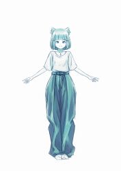 Rule 34 | 1girl, absurdres, animal ear fluff, animal ears, blue pants, blue theme, closed mouth, collarbone, commentary request, full body, grey background, highres, looking at viewer, mizu no suke, nia (xenoblade), pants, puffy pants, shirt, short hair, simple background, sketch, smile, solo, standing, white shirt, xenoblade chronicles (series), xenoblade chronicles 2