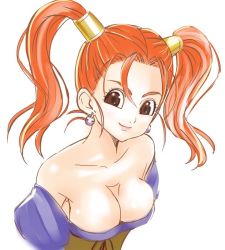 Rule 34 | 1girl, bare shoulders, breasts, brown eyes, brown hair, cleavage, closed mouth, dragon quest, dragon quest viii, earrings, haruyama kazunori, jessica albert, jewelry, large breasts, long hair, looking at viewer, purple shirt, shirt, simple background, smile, solo, twintails, white background