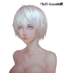 Rule 34 | 1girl, absurdres, ace (pixiv3709045), blue eyes, breasts, cleavage, collarbone, copyright name, female focus, highres, large breasts, looking at viewer, mole, mole under mouth, nier (series), nier:automata, short hair, silver hair, simple background, solo, topless frame, upper body, white background, 2b (nier:automata)