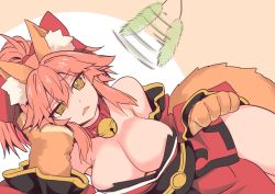 Rule 34 | 1girl, @ @, animal ear fluff, animal ears, animal hands, bare shoulders, bell, breasts, cat paws, cleavage, collar, collarbone, detached sleeves, fate/grand order, fate (series), fox ears, fox girl, gloves, hair ribbon, highres, japanese clothes, jingle bell, kimono, large breasts, long hair, looking up, lying, neck bell, on side, paw gloves, pink hair, ponytail, red kimono, red ribbon, ribbon, solo, tail, tamamo (fate), tamamo cat (fate), tamamo cat (first ascension) (fate), wisespeak, yellow eyes