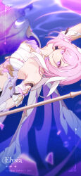 Rule 34 | 1girl, bare legs, barefoot, breasts, character name, elysia (herrscher of human:ego) (honkai impact), elysia (honkai impact), hair ornament, highres, honkai (series), honkai impact 3rd, large breasts, looking at viewer, official art, pink eyes, pink hair, smile, solo, staff, upper body