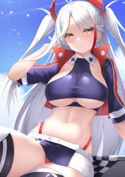 Rule 34 | 1girl, azur lane, belt, blue sky, breasts, checkered flag, clothing cutout, cropped shirt, flag, hand in own hair, headgear, highres, jacket, large breasts, long hair, looking at viewer, microskirt, multicolored hair, navel, official alternate costume, open clothes, open jacket, panties, pantyshot, prinz eugen (azur lane), prinz eugen (final lap) (azur lane), purple jacket, purple skirt, purple thighhighs, race queen, red hair, red panties, sitting, skirt, sky, solo, streaked hair, tatsumiya kagari, thighhighs, two-tone hair, two-tone skirt, underboob, underboob cutout, underwear, very long hair, white belt, white hair, white skirt, yellow eyes