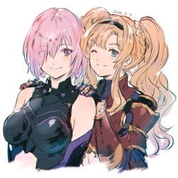 Rule 34 | 2girls, ;), black hairband, black leotard, blonde hair, blue eyes, braid, breasts, closed mouth, cropped torso, crossover, elbow gloves, eyes visible through hair, fate/grand order, fate (series), gauntlets, gloves, granblue fantasy, hair intakes, hair over one eye, hairband, hands on another&#039;s shoulders, highres, leotard, long hair, looking at viewer, mash kyrielight, medium breasts, multiple girls, one eye closed, pink hair, purple eyes, shimatani azu, short hair, sidelocks, simple background, sketch, smile, upper body, very long hair, white background, zeta (granblue fantasy)