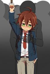 Rule 34 | 2boys, ahoge, backpack, bag, blazer, blush, brown hair, chikan, child, crowded, green eyes, groping, invisible man, jacket, looking down, male focus, mitose (seto), multiple boys, necktie, reach-around, red necktie, school uniform, short hair, sweat, tan, time bokan (series), time bokan 24, tokio (time bokan), train, train interior, yaoi