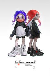 Rule 34 | 2girls, ange-yi, blue hair, dark-skinned female, dark skin, facing to the side, facing viewer, highres, inkling, inkling girl, inkling player character, jacket, looking at viewer, multiple girls, nintendo, octoling, octoling girl, octoling player character, pink eyes, print jacket, product placement, red hair, shoes, shorts, sneakers, splatoon (series), splatoon 2, standing, suction cups, tentacle hair, white background, yellow eyes, zipper