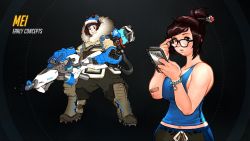 Rule 34 | 1girl, blizzard (company), bracelet, breasts, brown eyes, brown hair, female focus, full body, glasses, hair ornament, hairpin, highres, jewelry, matching hair/eyes, mei (overwatch), midriff, official art, overwatch, overwatch 1, solo