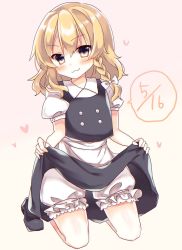 Rule 34 | &gt;:3, 1girl, :3, bad id, bad twitter id, blonde hair, bloomers, blush, braid, clothes lift, collared shirt, commentary, dated, heart, highres, kirisame marisa, lifted by self, looking at viewer, no headwear, no headwear, rbtt, shirt, side braid, single braid, skirt, skirt lift, solo, touhou, underwear, v-shaped eyebrows, yellow eyes