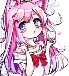 Rule 34 | 1girl, animal ears, artist request, blue eyes, bow, character request, copyright request, looking at viewer, non-web source, open mouth, pink hair, simple background, source request, white background
