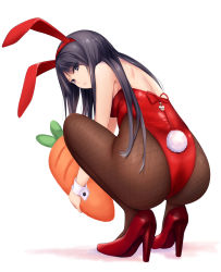 Rule 34 | 1girl, animal ears, black eyes, black hair, brown pantyhose, carrot, coffee-kizoku, commentary request, fake animal ears, fishnet pantyhose, fishnets, from behind, full body, high heels, highres, leotard, long hair, looking at viewer, looking back, original, pantyhose, playboy bunny, rabbit ears, rabbit girl, rabbit tail, red footwear, red leotard, shiramine rika, simple background, solo, squatting, strapless, strapless leotard, tail, white background, wrist cuffs