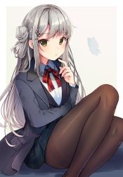 Rule 34 | 1girl, black pantyhose, blouse, blush, border, bow, brown pantyhose, bug, butterfly, coat, collared shirt, feet out of frame, from side, gradient background, grey background, grey hair, hair rings, highres, insect, legs together, long hair, looking at viewer, mahjong soul, momoirone, open clothes, open coat, outside border, pantyhose, parted bangs, pleated skirt, shirt, sitting, skirt, solo, thighs, very long hair, white border, white shirt, yagi yui, yellow eyes