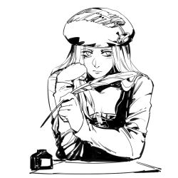 Rule 34 | 1girl, beret, closed mouth, greyscale, hand up, hat, holding, ink bottle, long hair, long sleeves, monochrome, priscilla (the witcher), quill, ruukii drift, shirt, simple background, solo, the witcher (series), the witcher 3, thinking, upper body, white background
