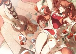 Rule 34 | 2girls, :t, angelina (arknights), angelina (summer flower) (arknights), animal ears, arknights, black ribbon, blush, ceobe (arknights), ceobe (summer flowers) (arknights), chinese commentary, closed mouth, commentary request, cup, drinking glass, flower, fox ears, highres, infection monitor (arknights), leaf, leg ribbon, long hair, looking at another, lying, multiple girls, ochano, official alternate costume, on back, one-piece swimsuit, orange hair, orange shorts, petals, plate, puddle, red eyes, red flower, red one-piece swimsuit, red rose, reflection, ribbon, rose, rose petals, shoes, shorts, swimsuit, swimsuit cover-up, twintails, white footwear