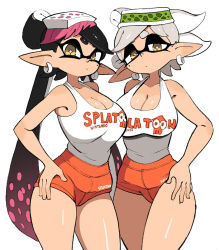Rule 34 | + +, 2girls, black hair, breasts, callie (splatoon), cleavage, closed mouth, commission, copyright name, cousins, dot mouth, earrings, grey hair, hand on own hip, highres, inkling, jewelry, large breasts, long pointy ears, looking at viewer, marie (splatoon), multiple girls, nintendo, orange shorts, pointy ears, shirt, shorts, simple background, skeb commission, sleeveless, sleeveless shirt, splatoon (series), splatoon 1, tentacle hair, white background, white hair, white shirt, yellow eyes, yuta agc