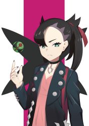 Rule 34 | &gt;:(, 1girl, absurdres, aqua eyes, asymmetrical bangs, backpack, bag, black choker, black hair, black jacket, black nails, breasts, choker, cleavage, closed mouth, collarbone, commentary request, creatures (company), dress, dusk ball, game freak, highres, jacket, jewelry, long hair, long sleeves, looking at viewer, marnie (pokemon), nail polish, nintendo, open clothes, open jacket, pendant, pink dress, poke ball, pokemon, pokemon swsh, putcher, serious, small breasts, solo, tossing, twintails, upper body