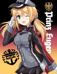 Rule 34 | 10s, 1girl, anchor hair ornament, black ribbon, blonde hair, blue eyes, breasts, cross, german flag, german text, germany, gloves, hair ornament, hat, highres, iron cross, kantai collection, large breasts, long hair, low twintails, microskirt, military, military hat, military uniform, one eye closed, peaked cap, prinz eugen (kancolle), ribbon, salute, skirt, solo, staryume, twintails, uniform, white gloves