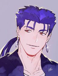 Rule 34 | 1boy, blue hair, blue jacket, collarbone, cu chulainn (fate), earrings, fate/stay night, fate (series), glint, grey background, hal (haaaalhal), highres, jacket, jewelry, long hair, looking to the side, male focus, parted lips, ponytail, portrait, red eyes, shirt, silver earrings, solo, white shirt