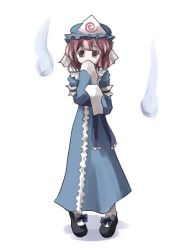 Rule 34 | 1girl, blue dress, bow, covering own mouth, dress, female focus, full body, gatau, hat, high heels, hitodama, japanese clothes, kimono, looking at viewer, pink eyes, pink hair, pumps, saigyouji yuyuko, sash, simple background, socks, solo, standing, touhou, triangular headpiece, white background, white socks