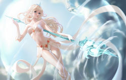 Rule 34 | 1girl, absurdres, bare shoulders, bird, blonde hair, blue eyes, blurry, blurry background, boots, breasts, cleavage, clothing request, cloud, gloves, hand up, highres, holding, janna (league of legends), knee boots, league of legends, long hair, magic, medium breasts, navel, outdoors, parted lips, pointy ears, qin da xing, skirt, solo, staff, stomach, tiara, white bird, white footwear, white gloves, wind