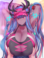 Rule 34 | 1girl, armpits, arms behind head, arms up, asahi (fullmetal madness), bare shoulders, black one-piece swimsuit, blue hair, blush, body markings, breasts, choker, cleavage, closed mouth, collarbone, colored skin, fate/grand order, fate (series), grabbing, grabbing another&#039;s breast, grey skin, horns, huge breasts, ibuki douji (fate), ibuki douji (swimsuit berserker) (fate), ibuki douji (swimsuit berserker) (first ascension) (fate), long hair, looking at viewer, multicolored hair, one-piece swimsuit, oni, oni horns, paizuri, pink hair, pink headwear, pink one-piece swimsuit, pointy ears, ponytail, red eyes, sidelocks, smile, solo focus, swimsuit, tail, two-tone hair, two-tone swimsuit, visor cap