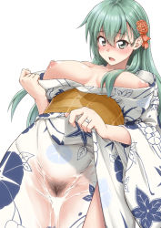 Rule 34 | 1girl, aqua hair, blush, breasts, breasts out, collarbone, female pubic hair, floral print, flower, from below, green eyes, hair between eyes, hair flower, hair ornament, hairclip, japanese clothes, jewelry, kantai collection, kimono, large breasts, long hair, looking at viewer, mikagami sou, nipples, obi, open clothes, open mouth, pubic hair, pussy, ring, sash, see-through, simple background, solo, suzuya (kancolle), upper body, wedding band, wet, white background, white kimono, wide sleeves, yellow sash