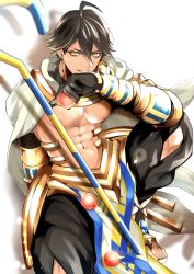 Rule 34 | 1boy, abs, ahoge, bare pectorals, black gloves, brown hair, cape, dark skin, dark-skinned male, egyptian, egyptian clothes, eyebrows, fate/grand order, fate/prototype, fate/prototype: fragments of blue and silver, fate (series), food, fruit, gauntlets, gloves, hair between eyes, highres, holding, holding food, holding fruit, jewelry, looking at viewer, male focus, muscular, necklace, ozymandias (fate), pectorals, shinozaki kyouko, topless male, shrug (clothing), simple background, sitting, solo, staff, white background, white cape, yellow eyes