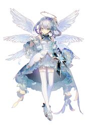 Rule 34 | 1girl, angel wings, commentary, detached sleeves, dress, english commentary, feathered wings, full body, garter straps, gloves, green eyes, grey hair, halo, highres, layered dress, lobelia (saclia), looking at viewer, maimai (game), multiple wings, short hair, simple background, solo, thighhighs, white background, white dress, white footwear, white gloves, white sleeves, white thighhighs, white wings, wings
