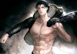 Rule 34 | 1boy, abs, aged up, arm out of sleeve, black coat, black hair, closed mouth, clothes grab, coat, collarbone, dressing, eren yeager, facial mark, frown, furrowed brow, green eyes, hair bun, half updo, hand up, hood, hooded coat, long sleeves, looking at viewer, male focus, navel, no nipples, no shirt, outstretched arm, rainbuniart, shingeki no kyojin, single hair bun, solo, toned, toned male, twitter username, upper body