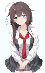 Rule 34 | 1girl, ahoge, akahi242, blue eyes, blush, braid, breasts, brown hair, closed mouth, collarbone, commentary, cowboy shot, grey skirt, hair between eyes, hair flaps, highres, kantai collection, long hair, long sleeves, looking at viewer, medium breasts, necktie, official alternate costume, pleated skirt, red necktie, revision, shigure (kancolle), shigure kai san (kancolle), single braid, skirt, smile, solo, twitter username