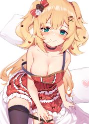Rule 34 | 1girl, absurdres, akai haato, akai haato (gothic lolita), alternate costume, bed, blonde hair, blue eyes, blush, breasts, cleavage, collarbone, commentary request, hair in own mouth, hana mori, highres, hololive, large breasts, long hair, looking at viewer, panties, panty pull, pillow, simple background, thighhighs, underwear, virtual youtuber, white background