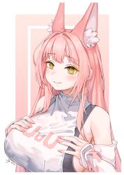 Rule 34 | 1girl, animal ear fluff, animal ears, artist name, bare shoulders, black sports bra, blush, breasts, closed mouth, detached sleeves, ex-mist, goddess of victory: nikke, hair intakes, hands on own chest, highres, large breasts, leona (nikke), long hair, pink hair, shirt, sideboob, sideless shirt, sidelocks, smile, sports bra, tail, turtleneck, turtleneck shirt, upper body, white shirt, yellow eyes