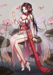 Rule 34 | 1girl, absurdres, arm support, bare shoulders, breasts, brown hair, cleavage, detached collar, feet, flower, grey background, highres, idasu (hyun9164), koi, lily (flower), lily pad, long hair, looking at viewer, medium breasts, obi, original, red eyes, sash, solo, thighs, water