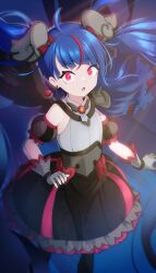 Rule 34 | 1girl, :o, ahoge, armor, black dress, black thighhighs, black wings, blue hair, bow, brooch, commentary, cure sky, cut bangs, dark cure sky, detached sleeves, dress, dress bow, earrings, feathered wings, fingerless gloves, frilled dress, frills, gloves, grey gloves, hangariita, highres, hirogaru sky! precure, jewelry, long hair, looking at viewer, multicolored hair, open mouth, pauldrons, precure, puffy detached sleeves, puffy sleeves, red eyes, red hair, short dress, shoulder armor, single pauldron, single sidelock, single wing, sleeveless, sleeveless dress, solo, sora harewataru, spiked pauldrons, standing, streaked hair, thighhighs, twintails, wind, wing brooch, wing hair ornament, wings