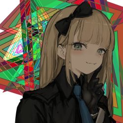 Rule 34 | 1girl, :t, black bow, black gloves, black shirt, blonde hair, blue necktie, bow, closed mouth, collared shirt, gloves, green eyes, hair bow, hand on own chin, highres, long hair, looking at viewer, multicolored background, narue, necktie, original, shirt, smile, solo, wing collar