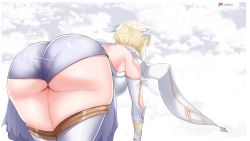 Rule 34 | 1girl, ass, ass focus, blonde hair, breasts, detached sleeves, flower, from behind, genshin impact, hair flower, hair ornament, highres, huge ass, leaning, leaning forward, lumine (genshin impact), o22no, pantylines, scarf, shiny clothes, shiny skin, short hair with long locks, short shorts, shorts, sideboob, solo, thick thighs, thighhighs, thighs, vambraces, waist cape