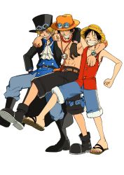 Rule 34 | 3boys, ^ ^, ^o^, arm over shoulder, ascot, black hair, blonde hair, brothers, closed eyes, coat, gloves, grin, hat, highres, keppon, male focus, monkey d. luffy, multiple boys, one piece, portgas d. ace, sabo (one piece), sandals, shorts, siblings, sleeveless, smile, standing, standing on one leg, topless male, white background