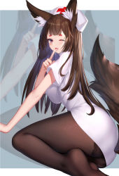 Rule 34 | 1girl, ;d, ;p, absurdres, alternate costume, amagi (azur lane), animal ears, arm support, ass, azur lane, barefoot, bed, bed sheet, bent over, black hair, black panties, black pantyhose, blunt bangs, blurry, border, breasts, commentary request, cross, depth of field, dress, eyeshadow, finger to mouth, fox ears, fox girl, fox tail, from behind, from below, hat, highres, hong bai, index finger raised, kitsune, kyuubi, large breasts, long hair, looking at viewer, looking to the side, makeup, multiple tails, no shoes, nurse, nurse cap, one eye closed, open mouth, panties, panties under pantyhose, pantyhose, pantyshot, purple eyes, red cross, saliva, saliva trail, sidelocks, sitting, smile, solo, tail, tongue, tongue out, underwear, wariza, white border, white dress