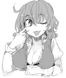 Rule 34 | 1girl, akanbe, breasts, cleavage, closed mouth, eyelid pull, greyscale, juliet sleeves, kamukamu (ars), large breasts, long sleeves, looking at viewer, monochrome, one eye closed, puffy sleeves, simple background, sketch, solo, tatara kogasa, tongue, tongue out, touhou, white background