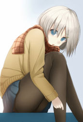 Rule 34 | 10s, 1girl, black pantyhose, blue eyes, blue skirt, cardigan, hair ornament, hairclip, hamakaze (kancolle), kantai collection, knees to chest, knees together feet apart, knees up, looking at viewer, pantyhose, plaid, plaid scarf, pleated skirt, scarf, school uniform, short hair, silver hair, sitting, skirt, solo, yuushin