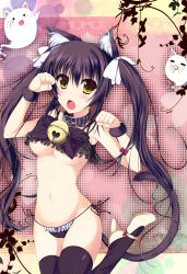 Rule 34 | 1girl, absurdres, animal ears, bell, black hair, black thighhighs, blush, bow, breasts, cat ears, cat tail, collar, fang, ghost, green eyes, hair bow, hair ribbon, highres, kyona (konakona), long hair, looking at viewer, mary janes, navel, neck bell, open mouth, original, panties, paw pose, ribbon, shoes, side-tie panties, solo, tail, thighhighs, twintails, underboob, underwear