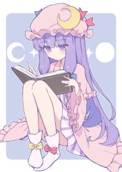 1girl blue_bow blush book bow closed_mouth commentary_request crescent crescent_hat_ornament dress hair_bow hat hat_ornament highres hiyaya_(kochi_michikaze) holding holding_book long_hair long_sleeves mob_cap open_book patchouli_knowledge purple_eyes purple_hair reading shoes solo striped_clothes striped_dress touhou vertical-striped_clothes vertical-striped_dress very_long_hair wide_sleeves