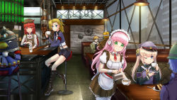 Rule 34 | 2boys, 5girls, absurdres, bird, black footwear, boots, cafe, character request, cross-laced footwear, diner, e neko, green eyes, hat, headphones, highres, knee boots, lace-up boots, long hair, maid, military, military uniform, multiple boys, multiple girls, penguin, pink hair, ponytail, red hair, short hair, shorts, sitting, thighhighs, uniform, waitress, zhanchang shuang mawei