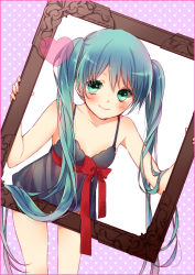 Rule 34 | 1girl, ami7, bad id, bad pixiv id, bare shoulders, blue eyes, blue hair, blush, camisole, hatsune miku, heart, highres, long hair, matching hair/eyes, picture frame, solo, twintails, very long hair, vocaloid
