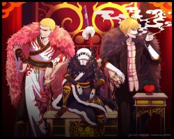 Rule 34 | 3boys, arm tattoo, black coat, blonde hair, brothers, chinese clothes, coat, donquixote doflamingo, donquixote rocinante, dragon, eastern dragon, food, fruit, fur coat, fur trim, highres, holding, holding smoking pipe, holding weapon, light smile, looking at viewer, makeup, multiple boys, npes 1017, one piece, patterned background, patterned clothing, pink coat, red theme, short hair, siblings, sitting, smoke, smoking pipe, standing, sunglasses, sword, tattoo, throne, trafalgar law, twitter username, watermark, weapon, white headwear
